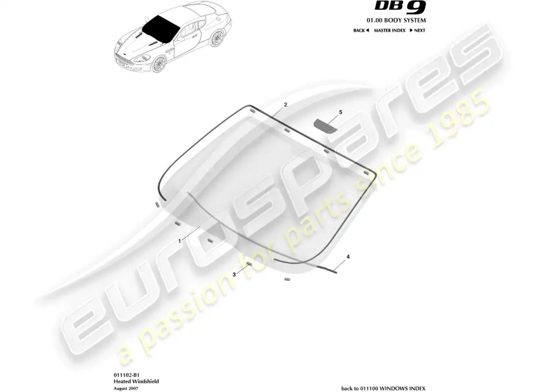 aston martin db9 (2012) parabrisas, calefactado diagrama de piezas