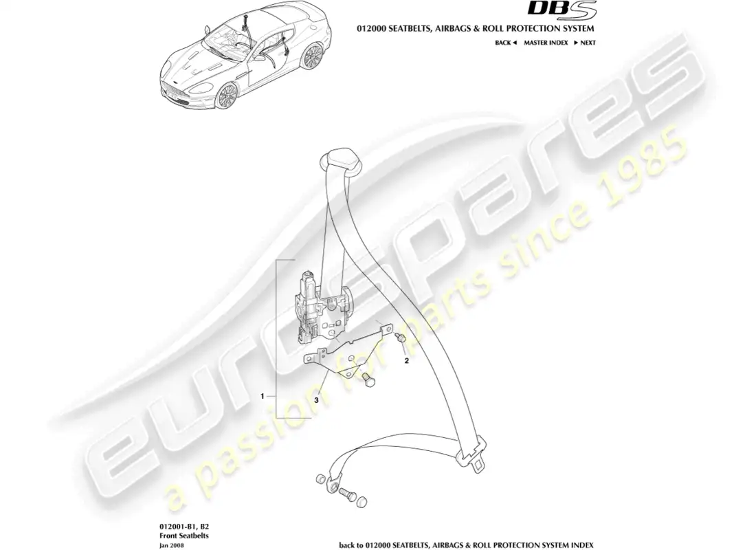 aston martin dbs (2009) cinturones de seguridad delanteros diagrama de piezas