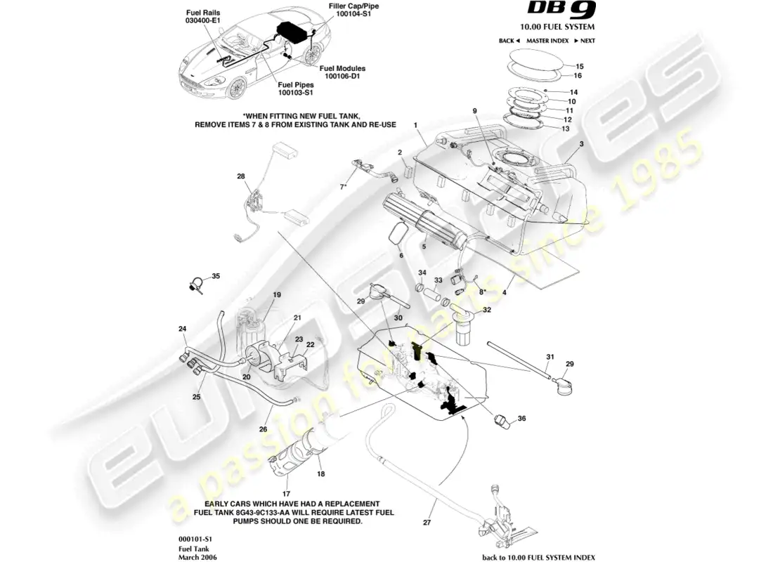 aston martin db9 (2005) conjunto del tanque de combustible diagrama de piezas