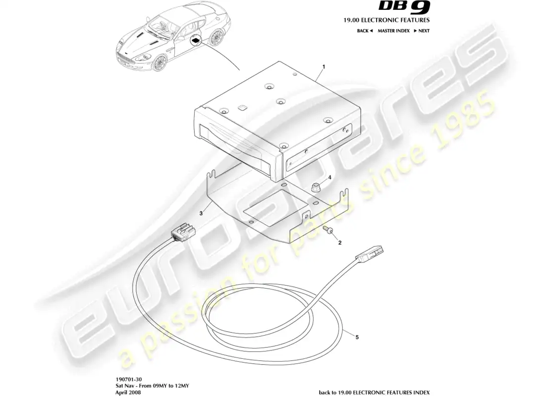aston martin db9 (2009) navegador por satélite, 09my a 12my diagrama de piezas