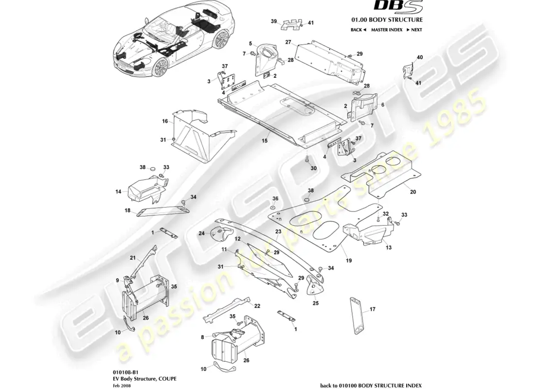 aston martin dbs (2013) estructura ev, coupé diagrama de piezas