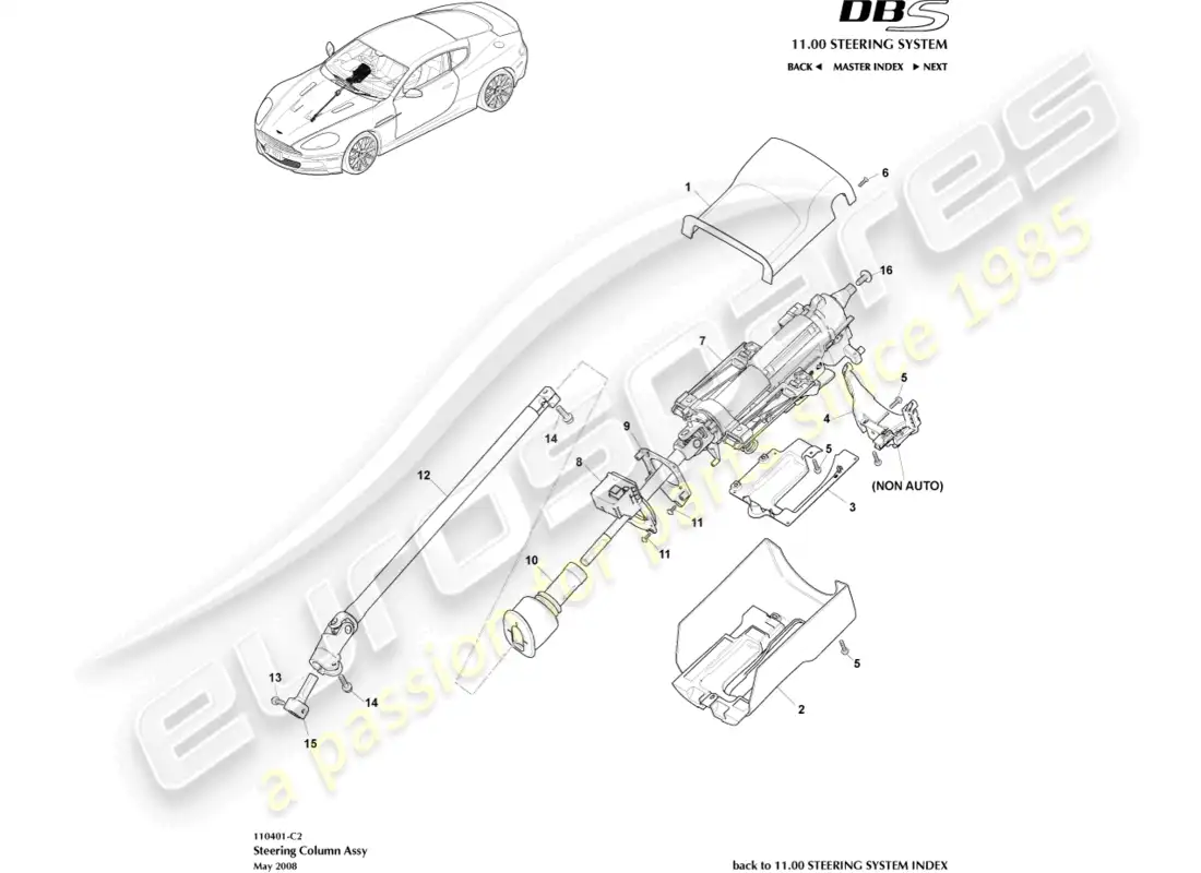 aston martin dbs (2011) conjunto de columna de dirección diagrama de piezas