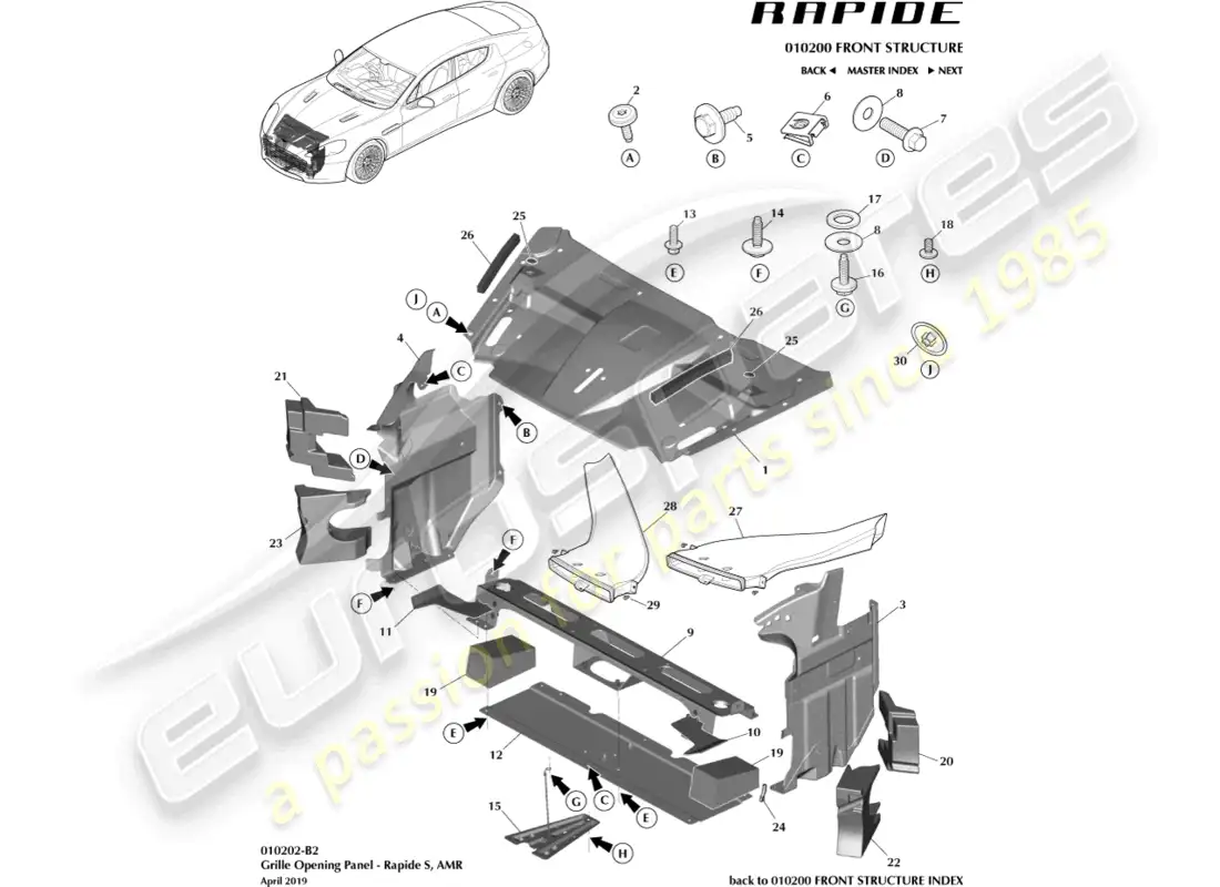 aston martin rapide (2016) panel de apertura de rejilla, s diagrama de piezas