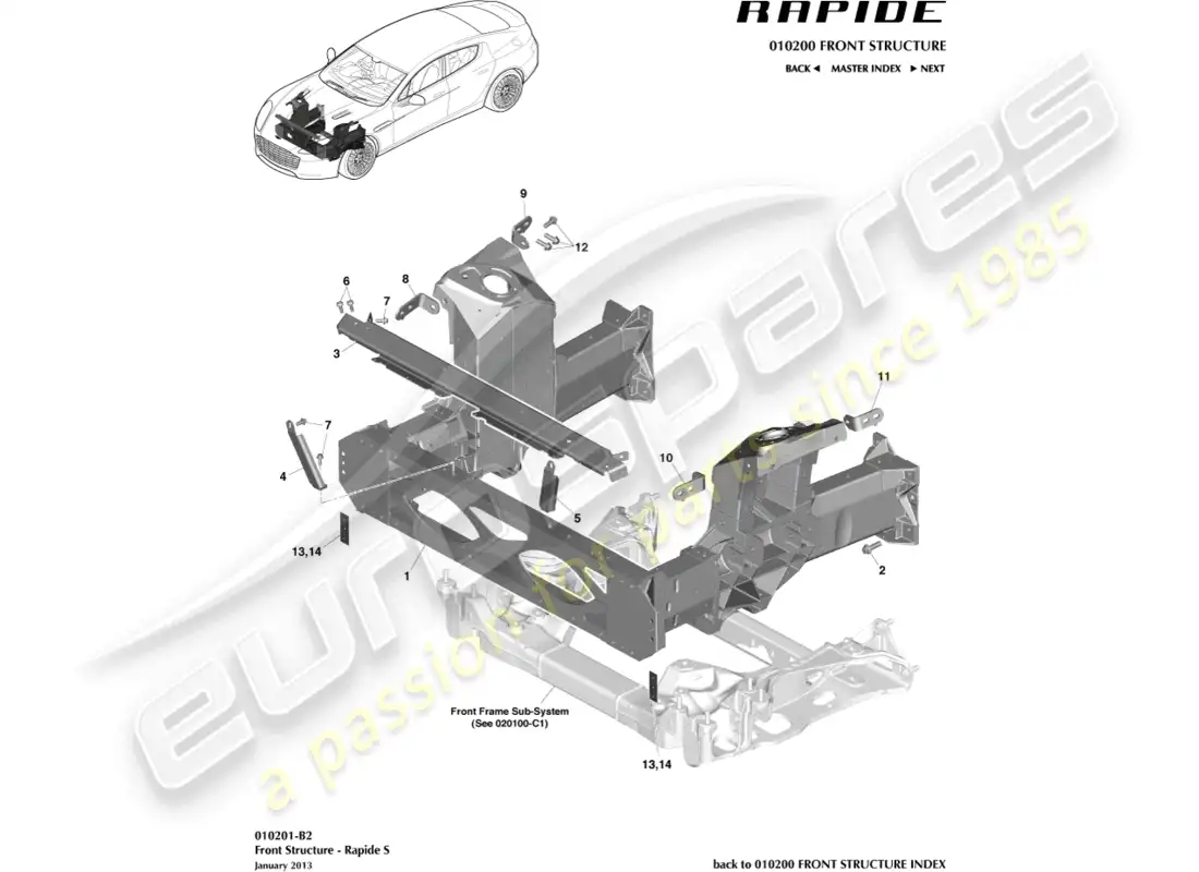 aston martin rapide (2016) estructura frontal, s diagrama de piezas