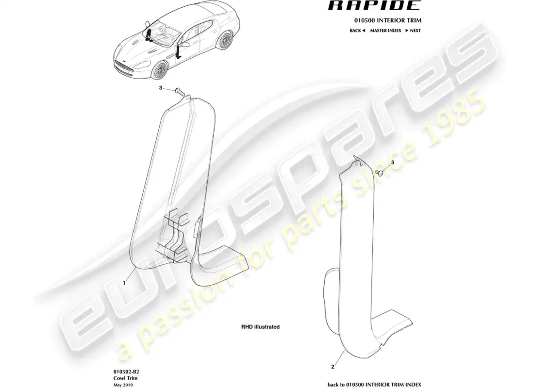aston martin rapide (2010) ajuste inferior del capó diagrama de piezas