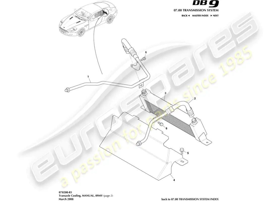 aston martin db9 (2008) refrigeración de la transmisión, manual, 09my diagrama de piezas