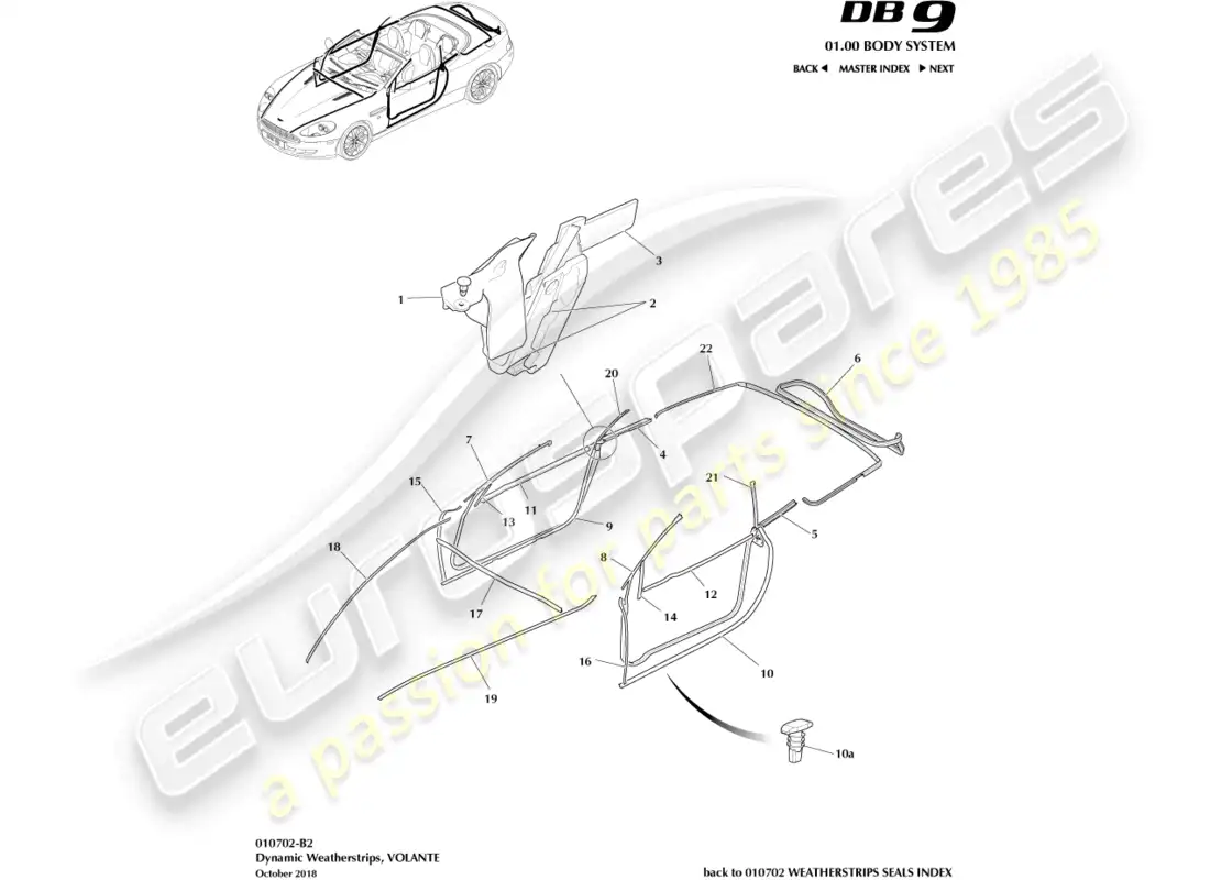 aston martin db9 (2012) burletes dinámicos, diagrama de piezas de volante