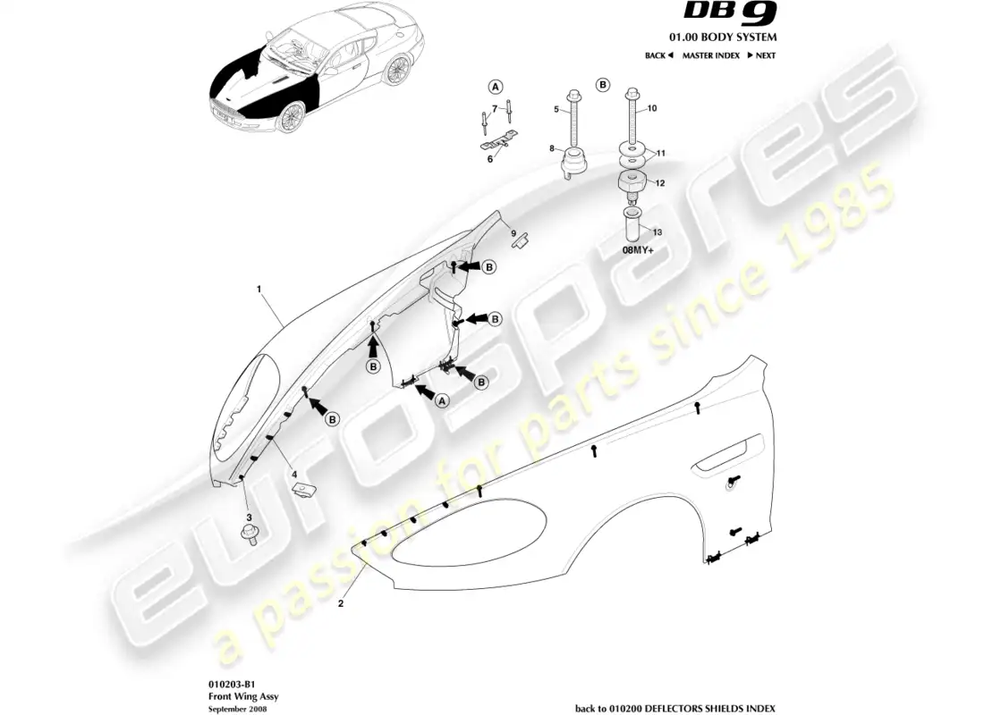 aston martin db9 (2009) conjunto de ala delantera diagrama de piezas