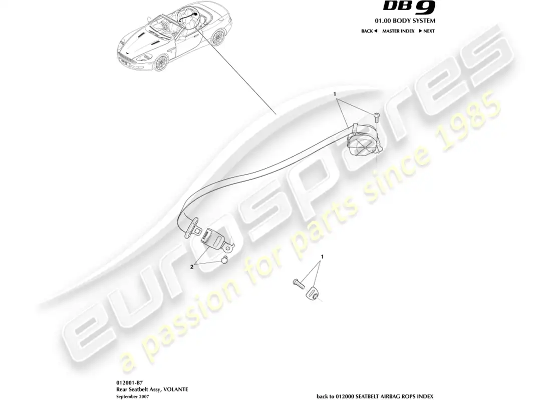 aston martin db9 (2005) cinturones de seguridad traseros, volante diagrama de piezas