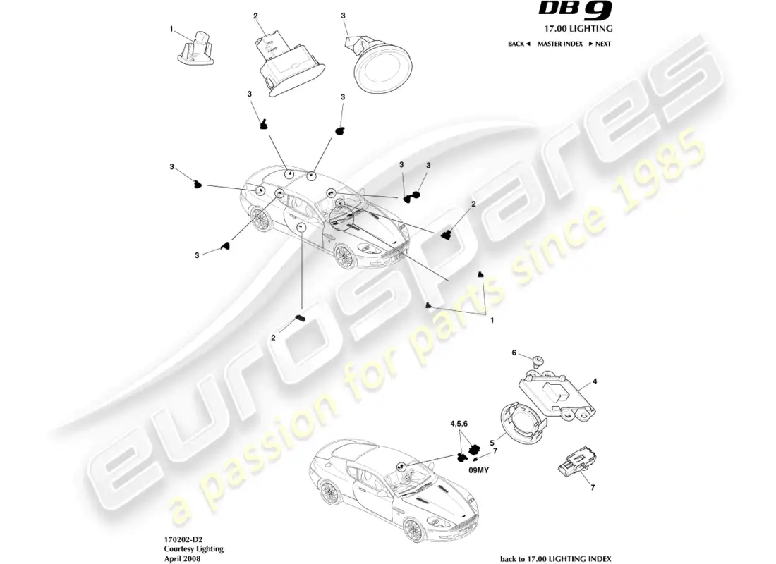 aston martin db9 (2012) diagrama de piezas de iluminación de cortesía