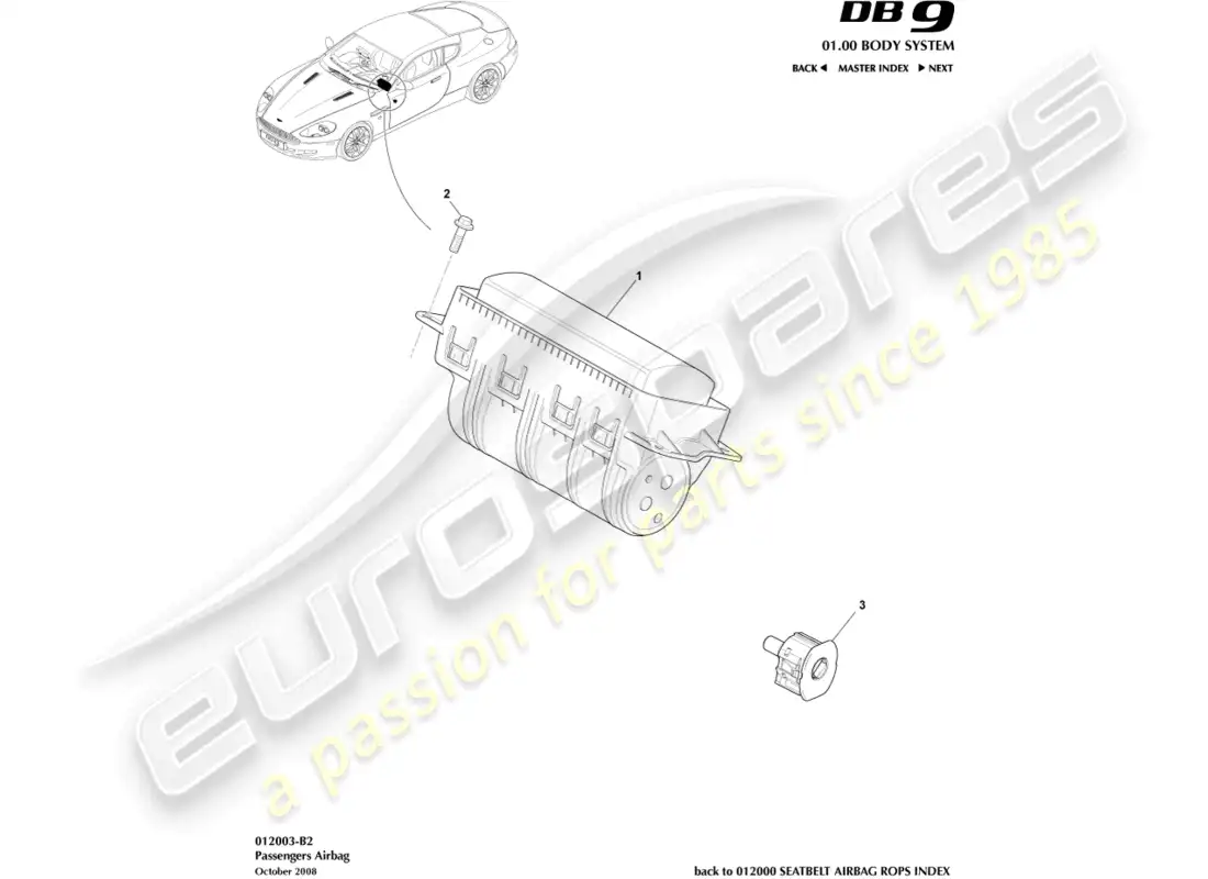aston martin db9 (2006) bolsa de aire del pasajero diagrama de piezas