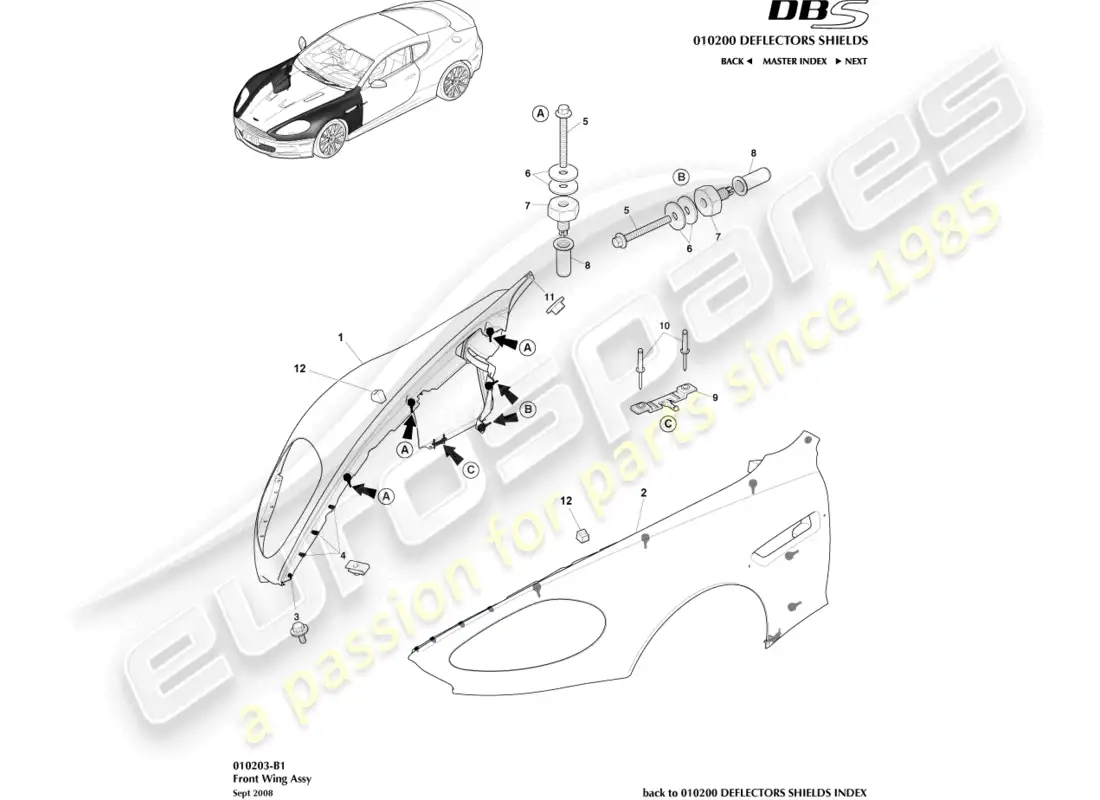 aston martin dbs (2013) conjunto de ala delantera diagrama de piezas