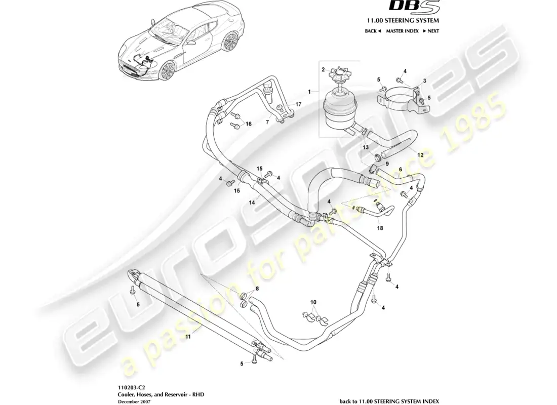 aston martin dbs (2011) enfriador, mangueras y depósito, lado derecho diagrama de piezas