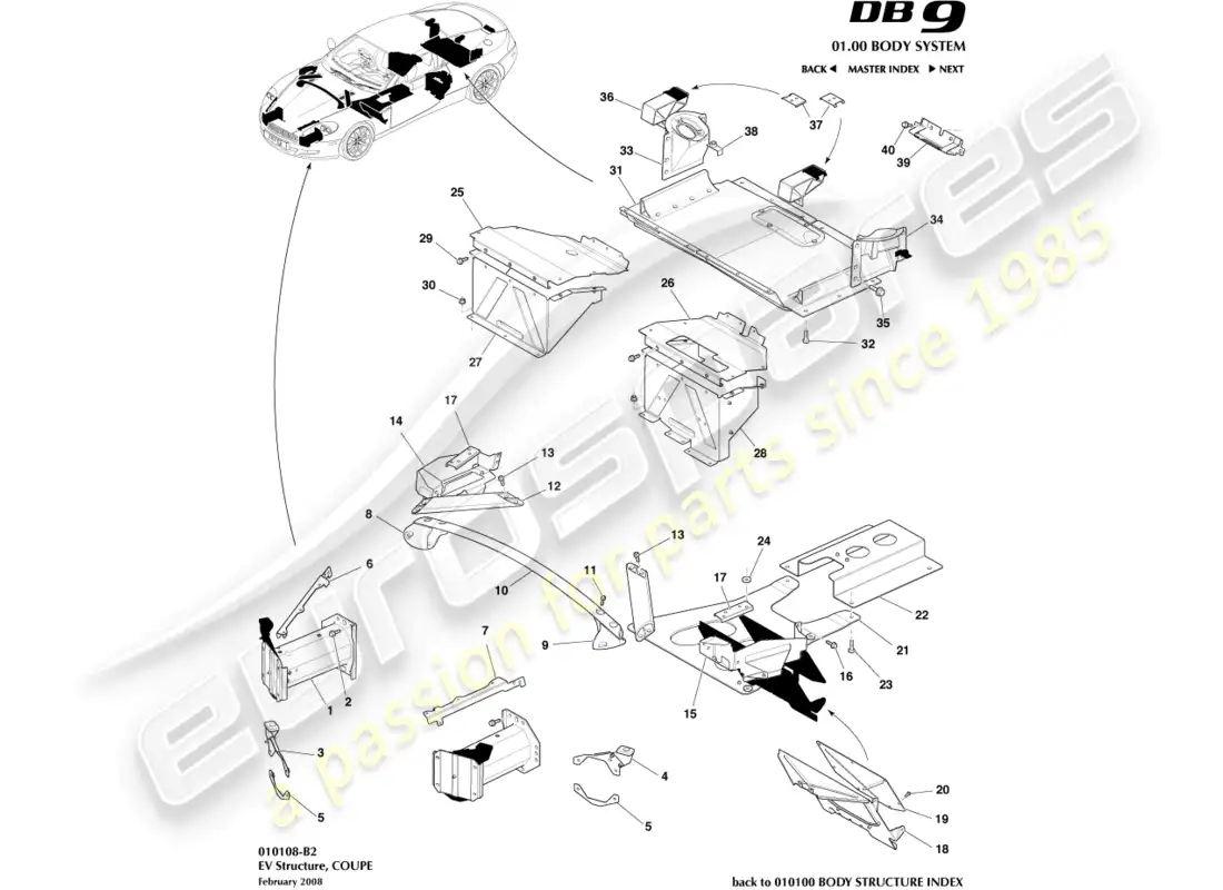 aston martin db9 (2009) estructura ev, coupé diagrama de piezas