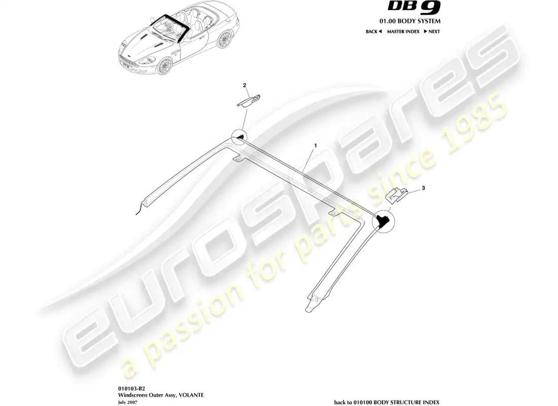 aston martin db9 (2011) parabrisas, exterior, diagrama de piezas de volante