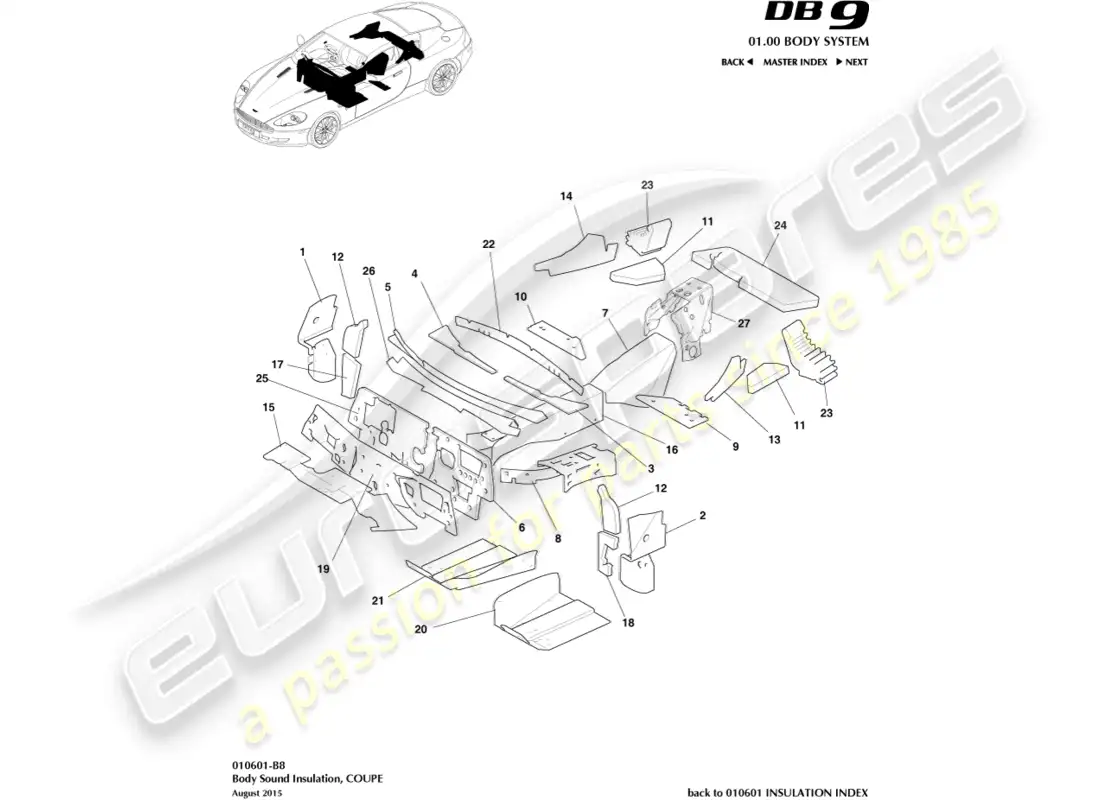 aston martin db9 (2004) body insulation, coupe diagrama de piezas