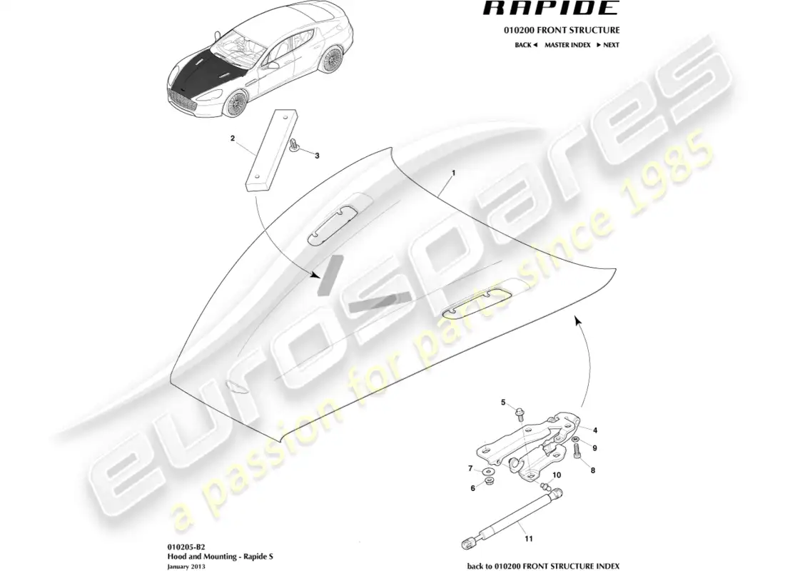 aston martin rapide (2011) capó y bisagras, s diagrama de piezas