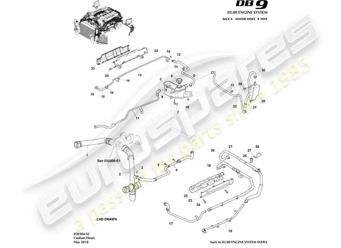 aston martin db9 (2006) mangueras y depósito de refrigerante diagrama de piezas