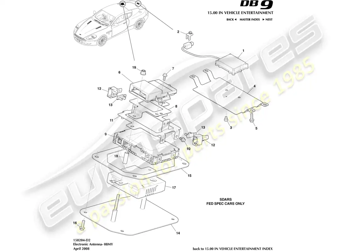 aston martin db9 (2012) antena electrónica, diagrama de pieza 08my