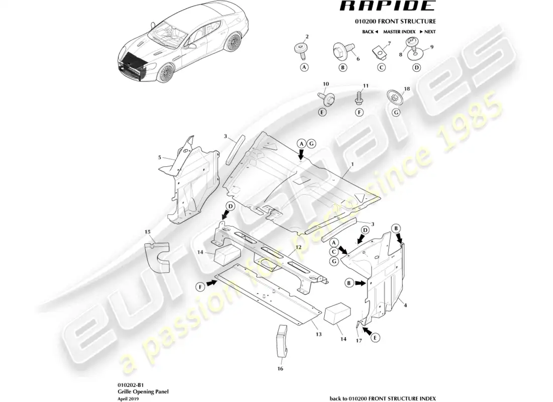 aston martin rapide (2014) diagrama de piezas del panel de apertura de la rejilla