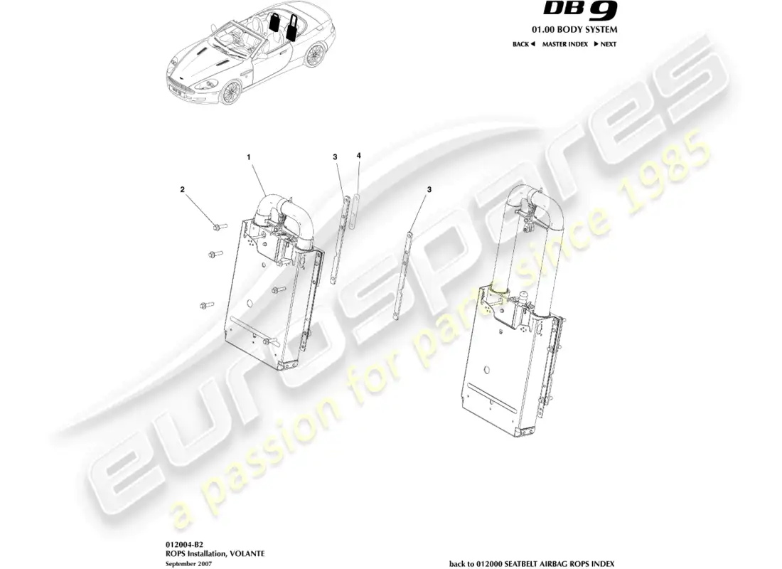 aston martin db9 (2007) instalación rops, volante diagrama de piezas