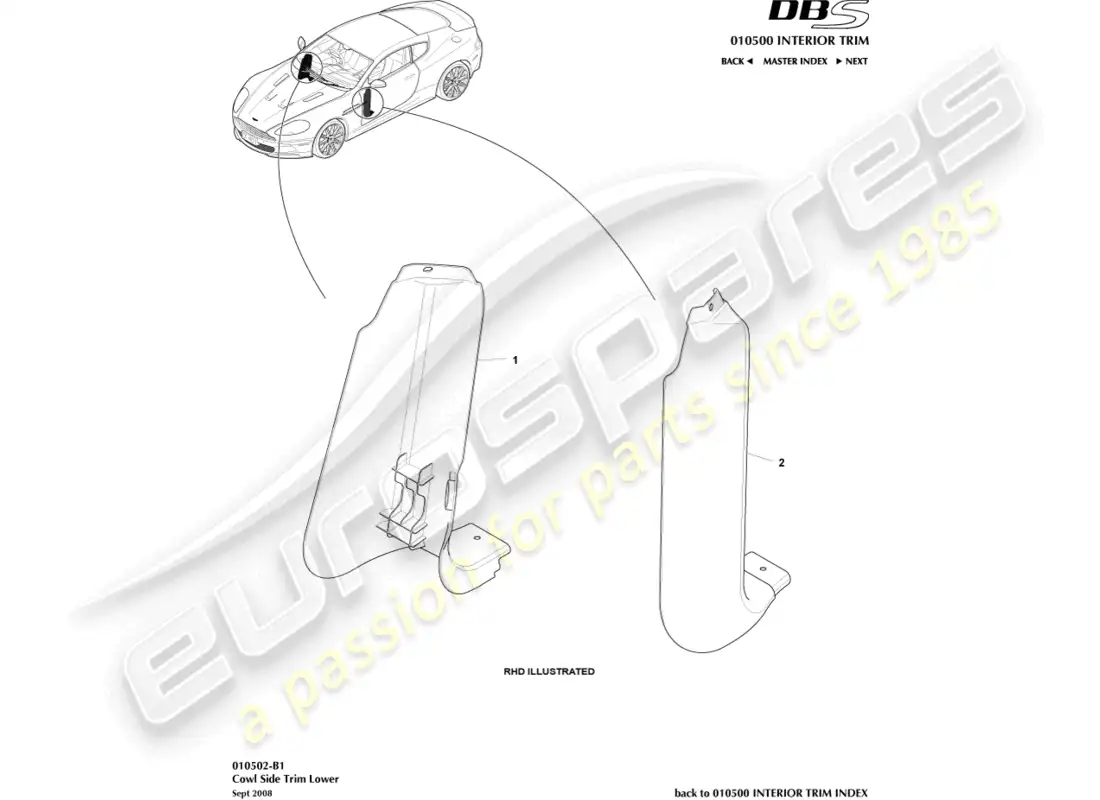 aston martin dbs (2013) moldura lateral del capó, inferior diagrama de piezas