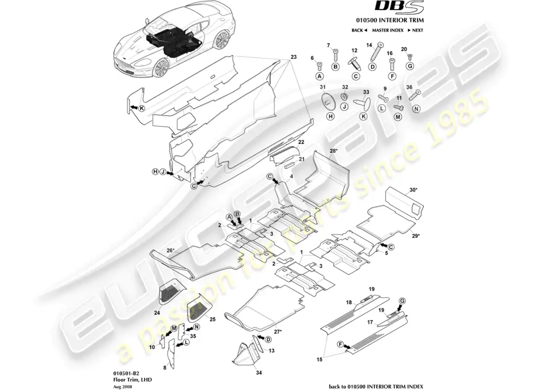 aston martin dbs (2013) moldura del piso, volante a la izquierda diagrama de piezas