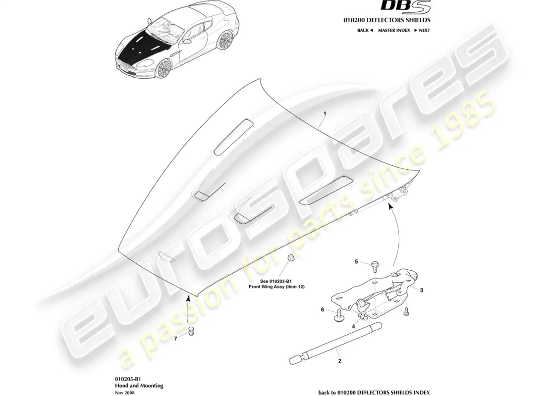 aston martin dbs (2013) capó y montaje diagrama de piezas