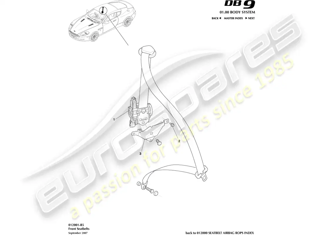 aston martin db9 (2005) cinturones de seguridad delanteros diagrama de piezas
