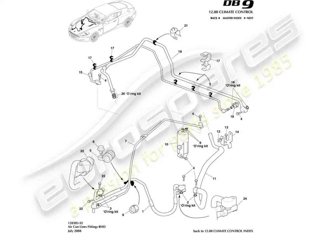 aston martin db9 (2012) línea de aire acondicionado, lado derecho diagrama de piezas