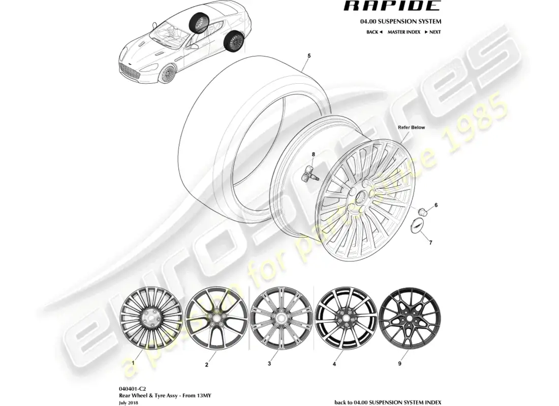 aston martin rapide (2016) ruedas y neumáticos traseros de 13my diagrama de piezas