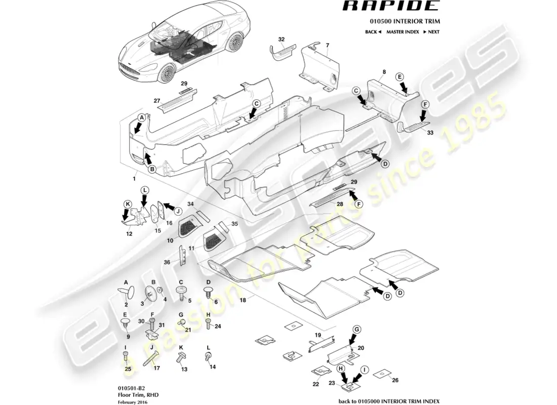 aston martin rapide (2010) moldura del piso principal, lado derecho diagrama de piezas