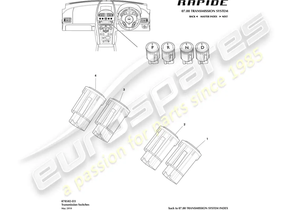 aston martin rapide (2010) interruptores de transmisión diagrama de piezas