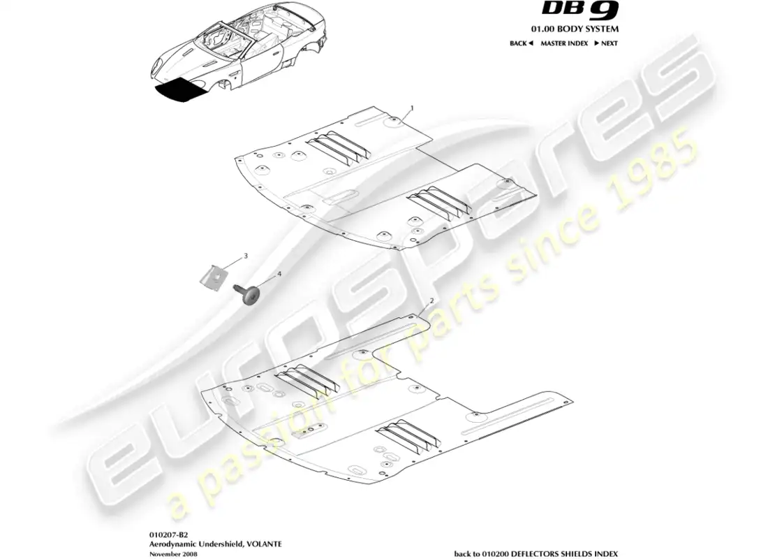 aston martin db9 (2004) protector inferior delantero, volante diagrama de piezas
