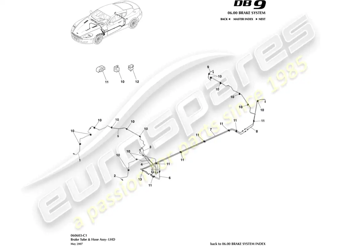aston martin db9 (2006) diagrama de piezas de líneas y mangueras de freno, lhd