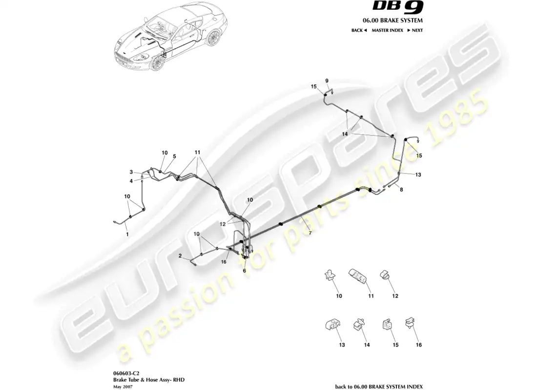 aston martin db9 (2006) líneas y mangueras de freno, lado derecho diagrama de piezas