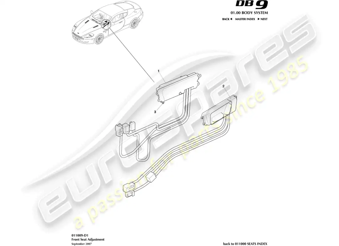 aston martin db9 (2011) diagrama de piezas de ajuste del asiento delantero