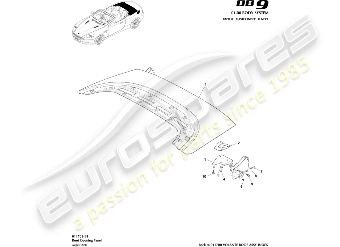 aston martin db9 (2012) diagrama de piezas del panel de abertura del techo