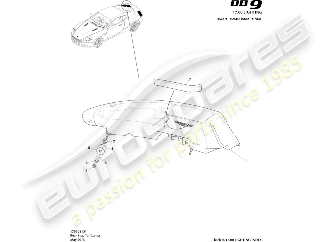 aston martin db9 (2012) diagrama de piezas de las luces traseras