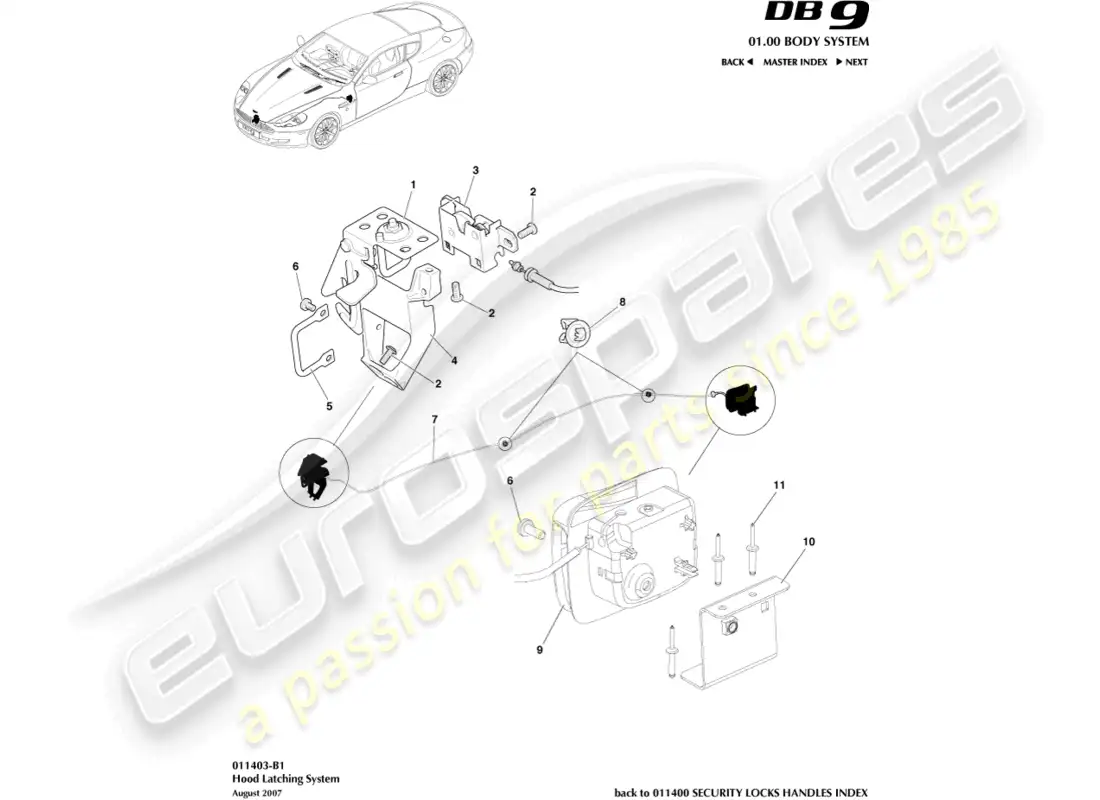 aston martin db9 (2012) sistema de cierre del capó diagrama de piezas