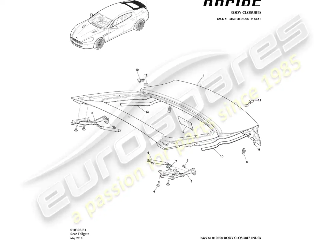 aston martin rapide (2011) ensamblaje del porton trasero diagrama de piezas