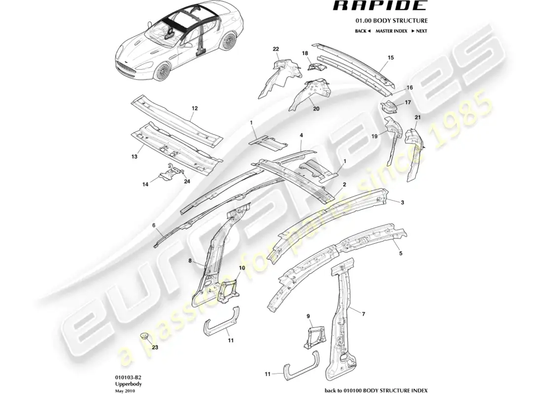 aston martin rapide (2018) estructura superior del cuerpo diagrama de piezas
