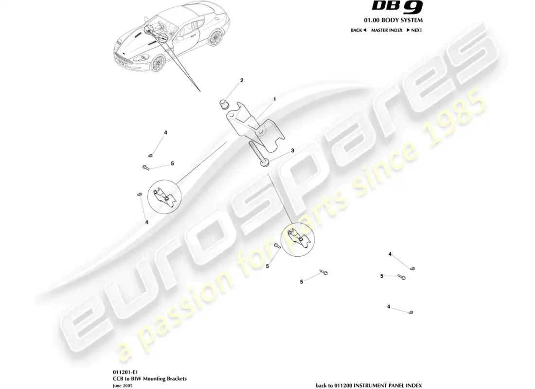 aston martin db9 (2004) soportes ccb a biw diagrama de piezas