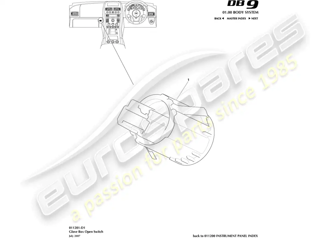 aston martin db9 (2004) interruptor de guantera diagrama de piezas
