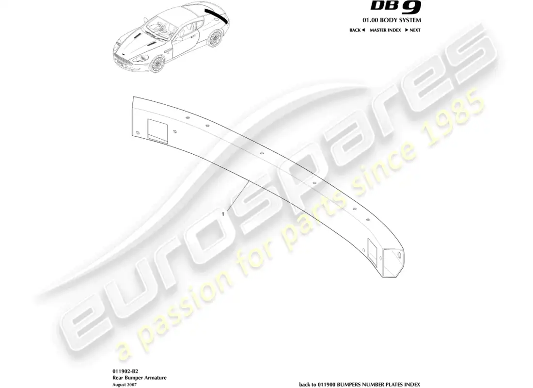 aston martin db9 (2006) armadura del parachoques trasero diagrama de piezas