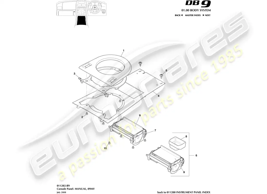 aston martin db9 (2006) consola delantera, manual, 09my diagrama de piezas