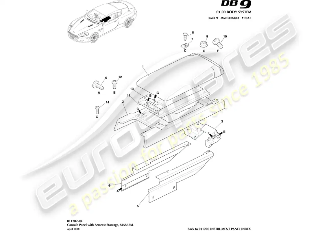 aston martin db9 (2007) consola central, manual diagrama de piezas