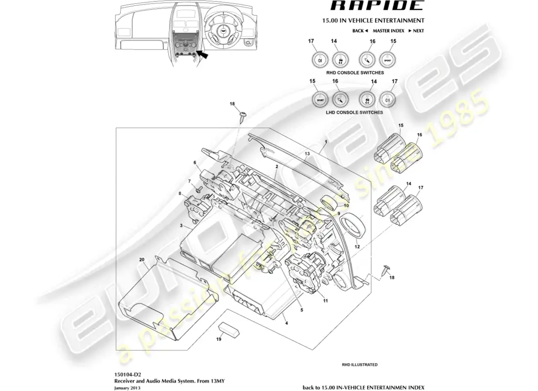 aston martin rapide (2010) sistema multimedia, 13my en diagrama de piezas