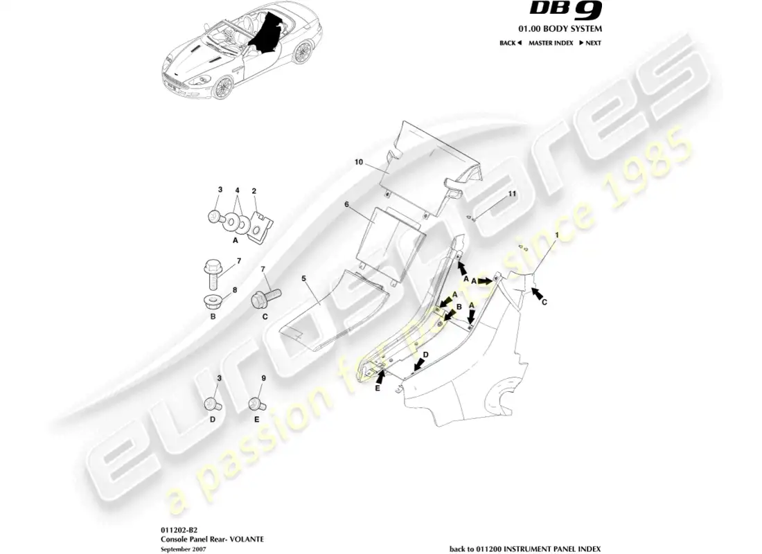 aston martin db9 (2004) rear console, volante diagrama de piezas