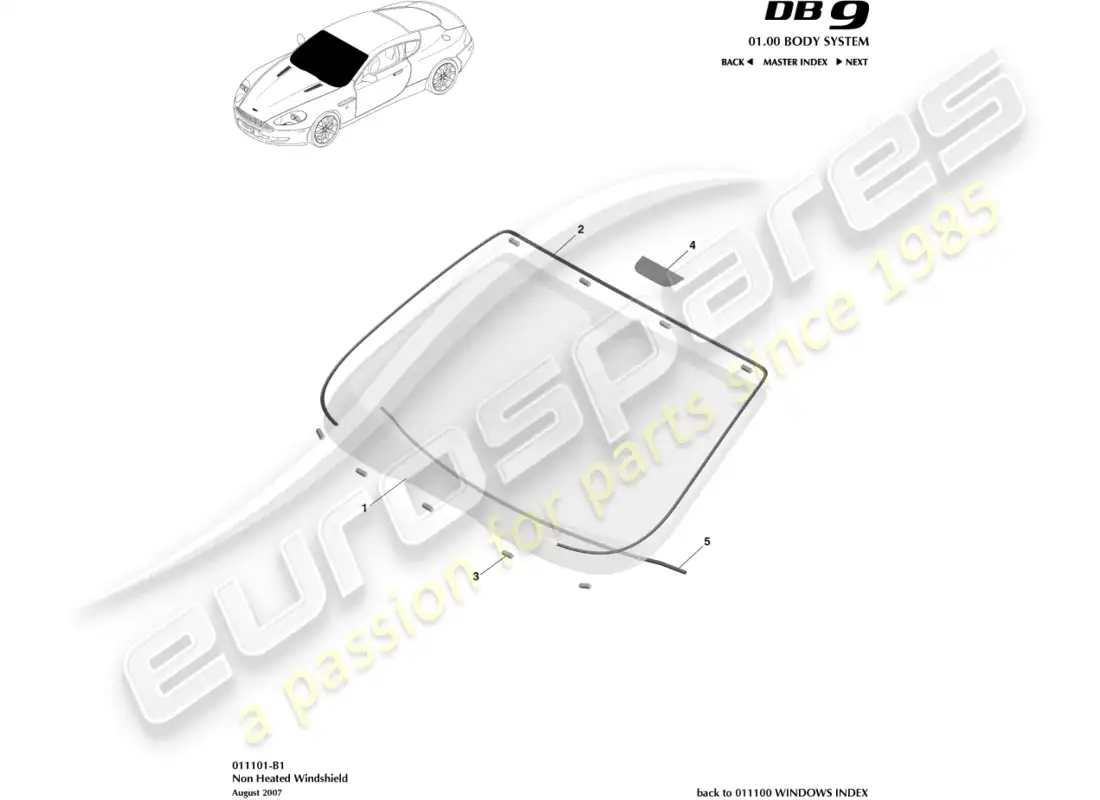aston martin db9 (2011) diagrama de piezas del parabrisas sin calefacción